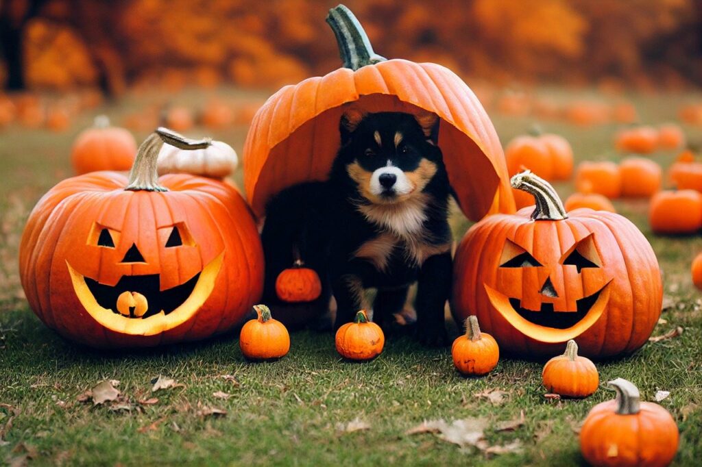 Halloween dog with pumpkins